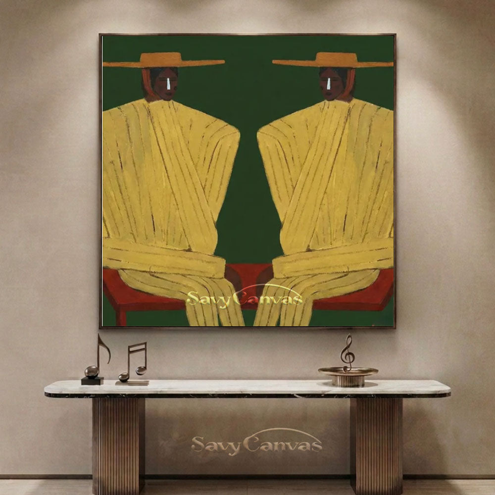 Handmade Modern Abstract Two Cowboys Green Oil Painting #ZC 015