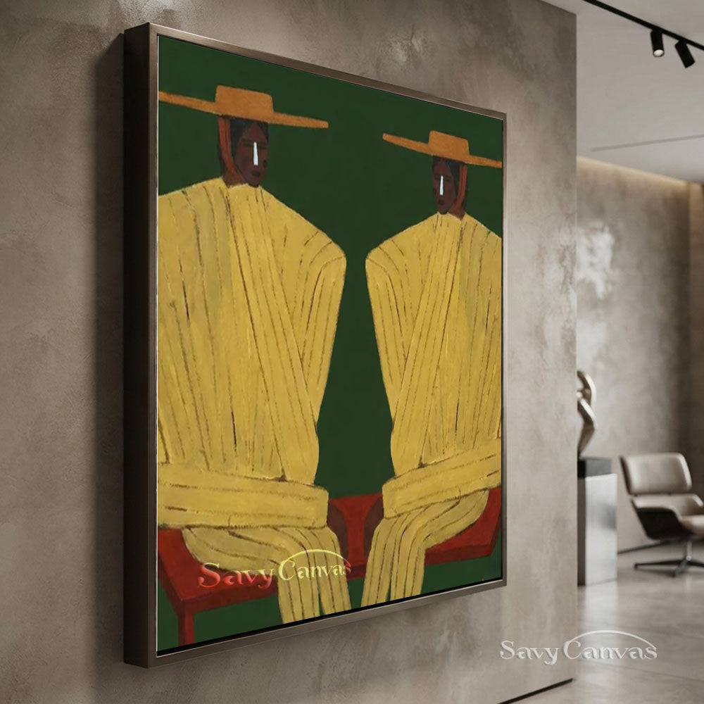 Handmade Modern Abstract Two Cowboys Green Oil Painting #ZC 015