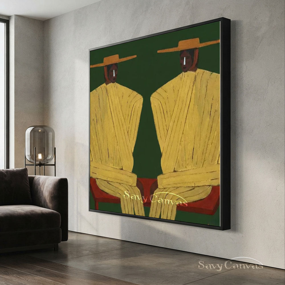 Handmade Modern Abstract Two Cowboys Green Oil Painting #ZC 015