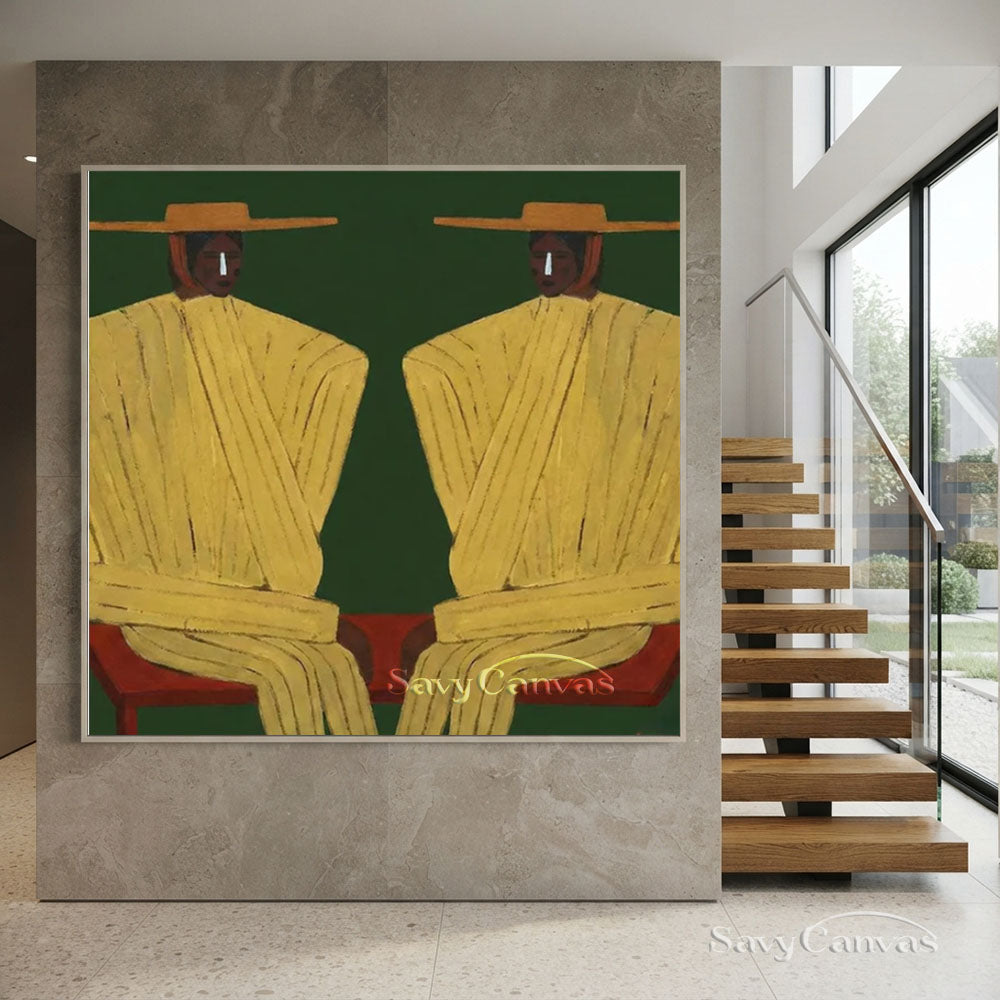 Handmade Modern Abstract Two Cowboys Green Oil Painting #ZC 015