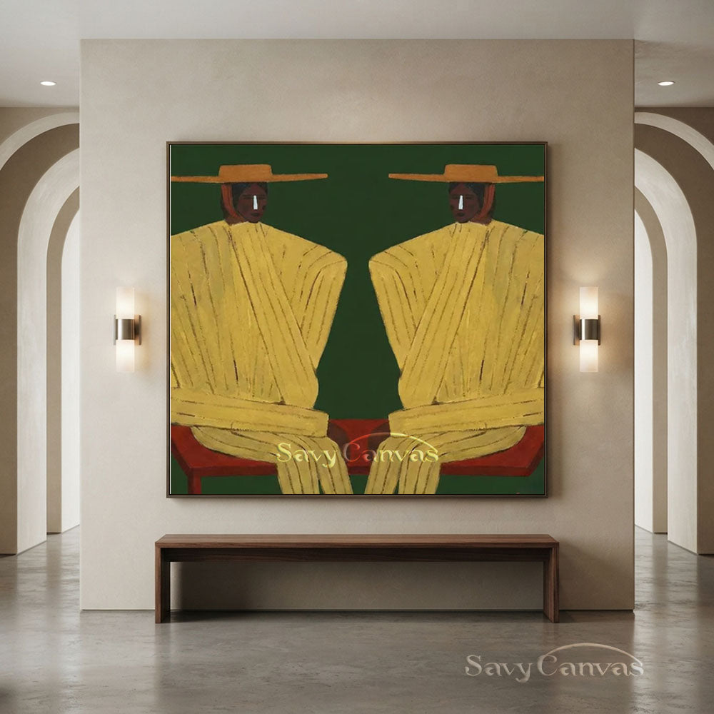 Handmade Modern Abstract Two Cowboys Green Oil Painting #ZC 015