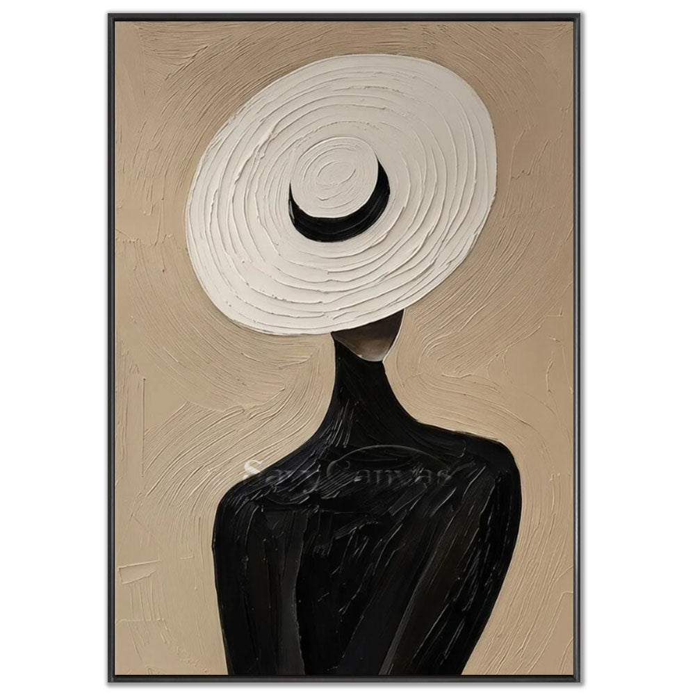 A 100% handmade minimalist oil painting with a heavy textured impasto background in warm sand beige, depicting a stylized geometric abstract portrait of a faceless elegant lady from behind, wearing a massive wide-brimmed white hat with a black band and a textured deep black high-neck dress.