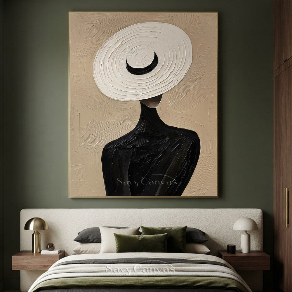 Elegant Lady in White Hat Vintage Handmade Oil Painting #SS 251
