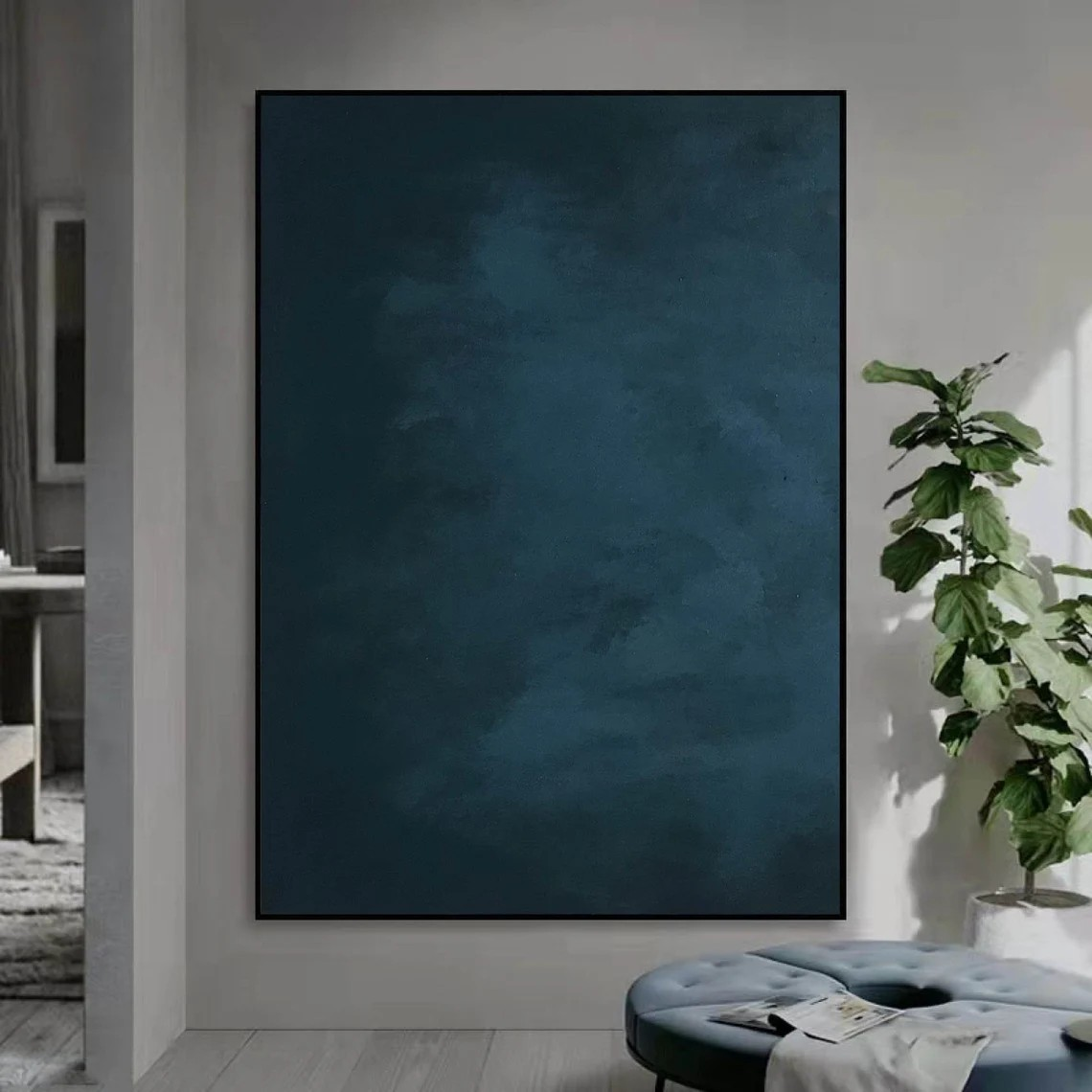 Large Vertical Abstract Painting - Navy Blue Minimalist Canvas Art  #TC 013
