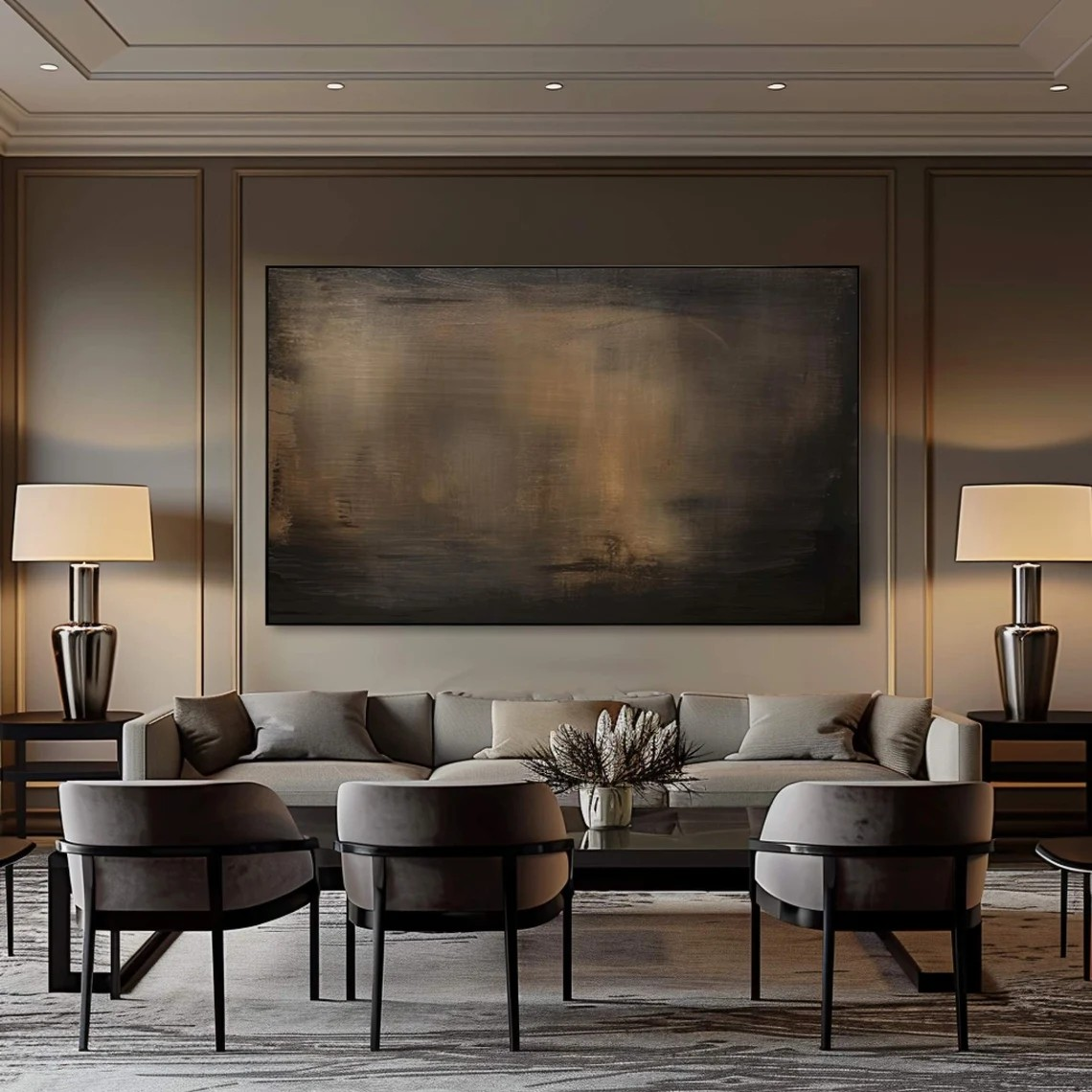 Large Minimalist Abstract Painting - Handmade Brown and Black Wall Decor  #TC 012