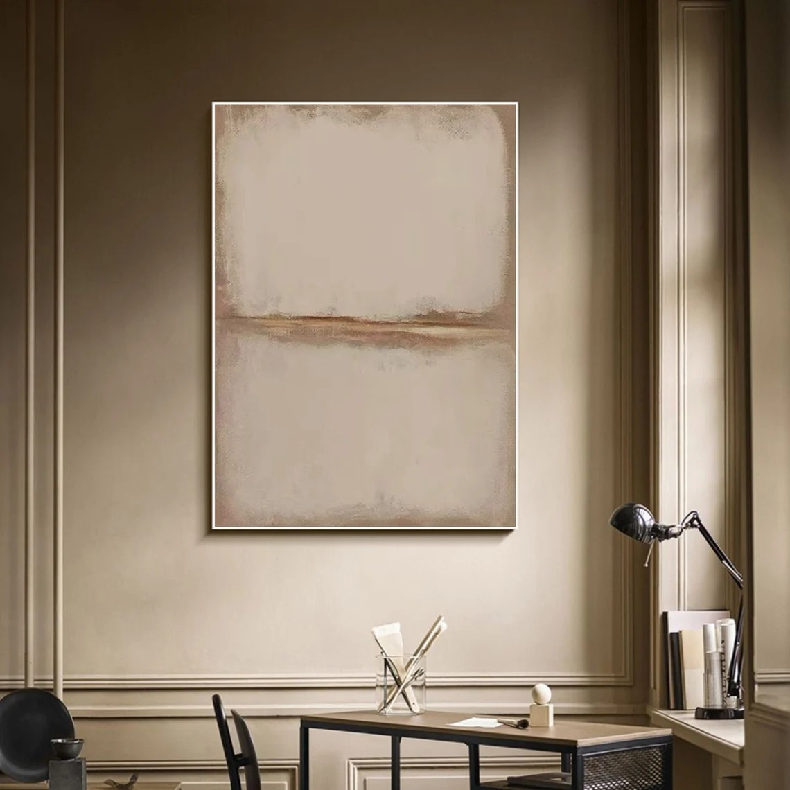 Large Abstract Beige Oil Painting with Horizon Line for Minimalist Decor #TC 019