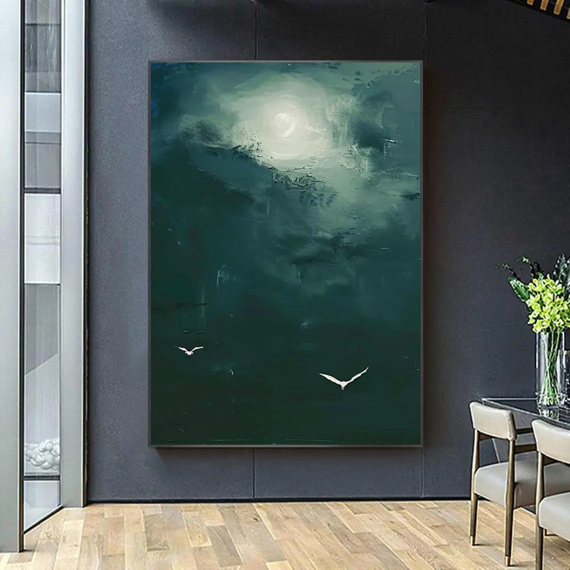 Dark Teal Abstract Oil Painting with Moon and Birds Wall Art  #TC 029