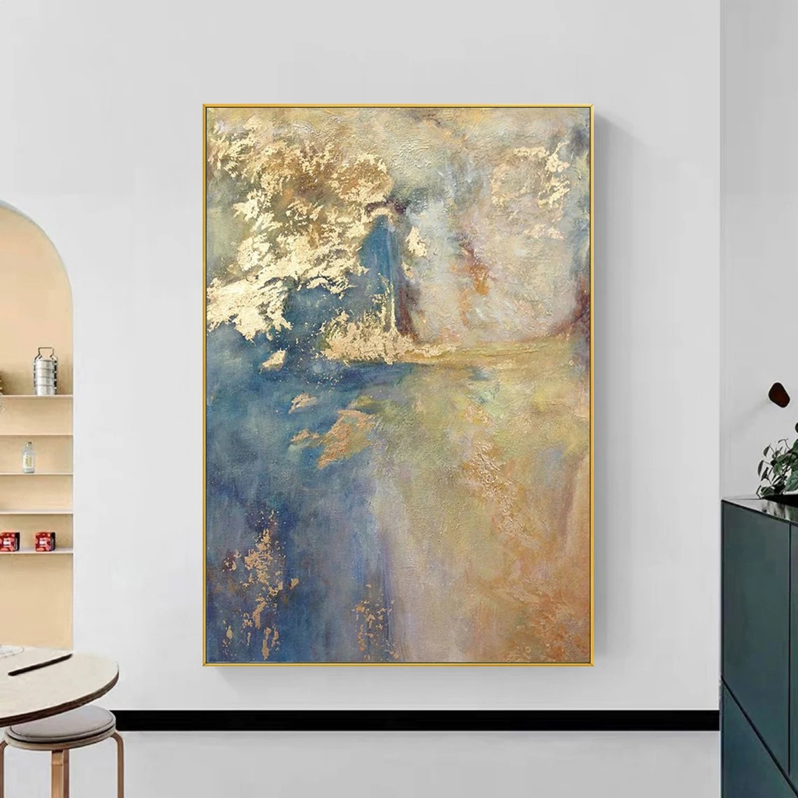 Abstract Blue and Gold Oil Painting with Gold Leaf Wall Art