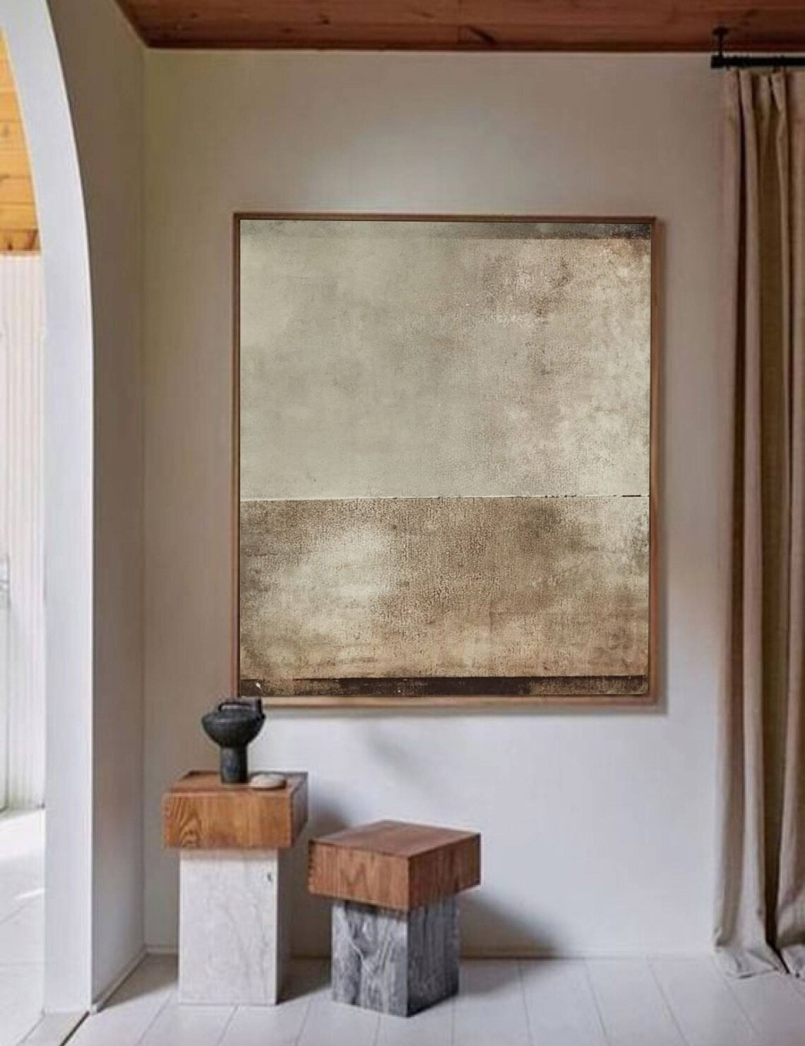 Minimalist Gray and Brown Abstract Oil Painting with Textured Surface Wall Art #TC 037