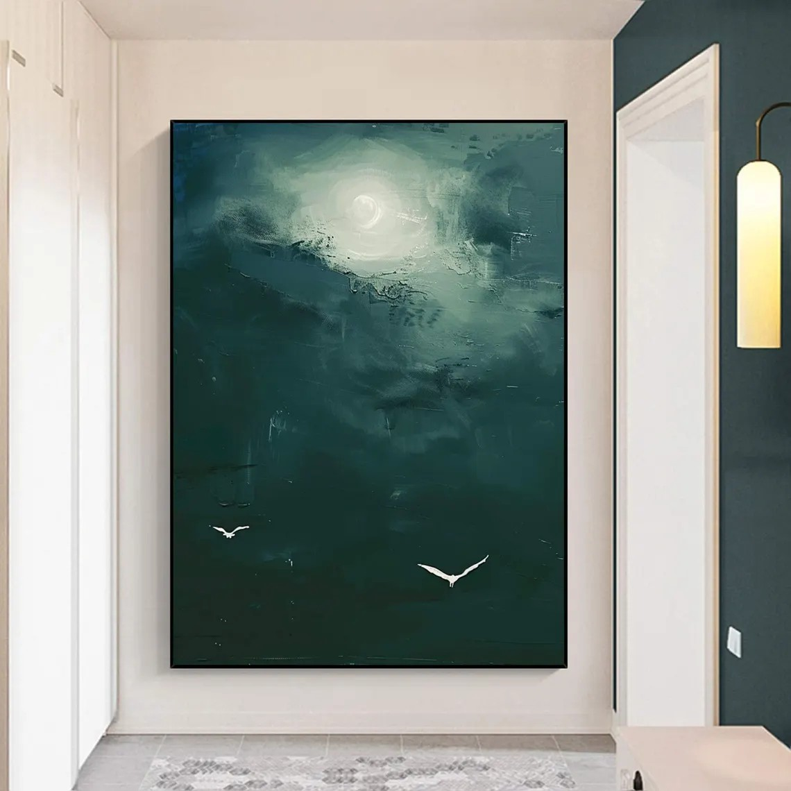 Dark Teal Abstract Oil Painting with Moon and Birds Wall Art  #TC 029