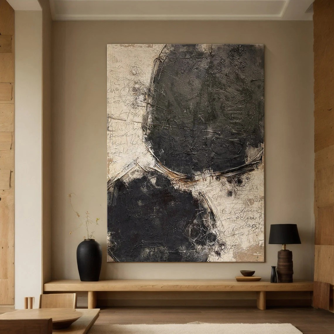 Minimalist Black and Beige Abstract Art | Large Textured Canvas Art #TC 067