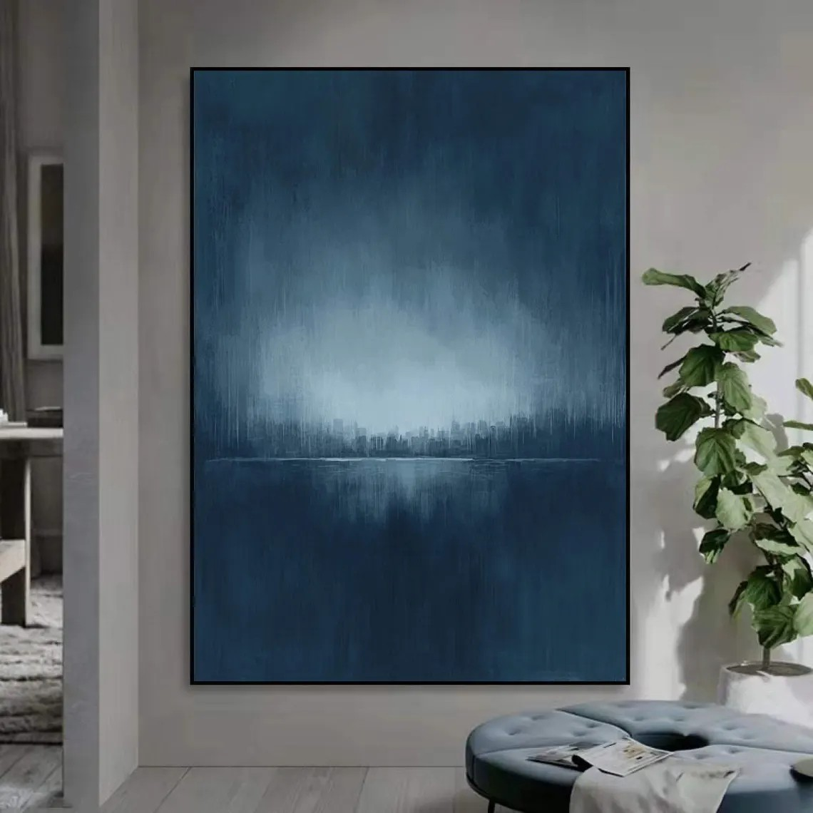 Large Contemporary Abstract  Handmade Vertical Blue Canvas Art #TC 047