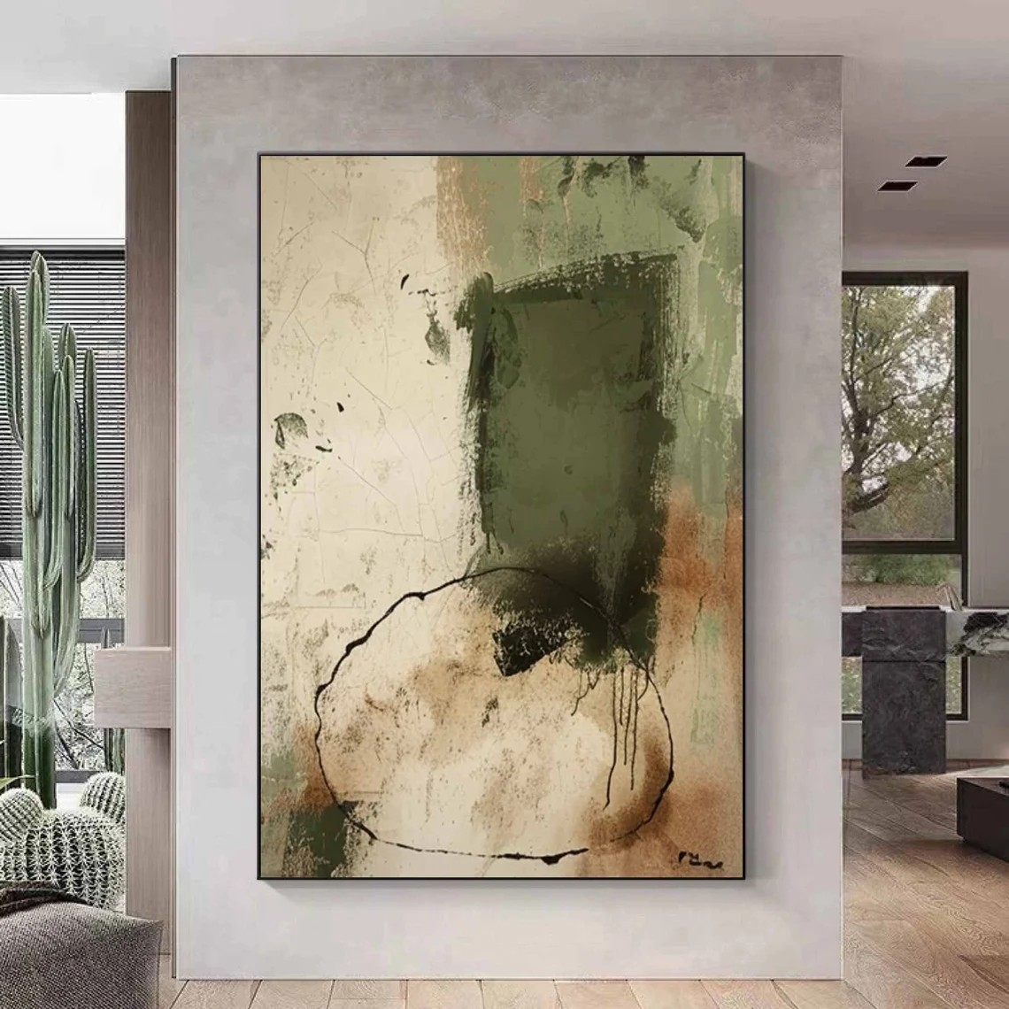 Minimalist Beige and Green Wabi Sabi Art for Contemporary Design #TC 021