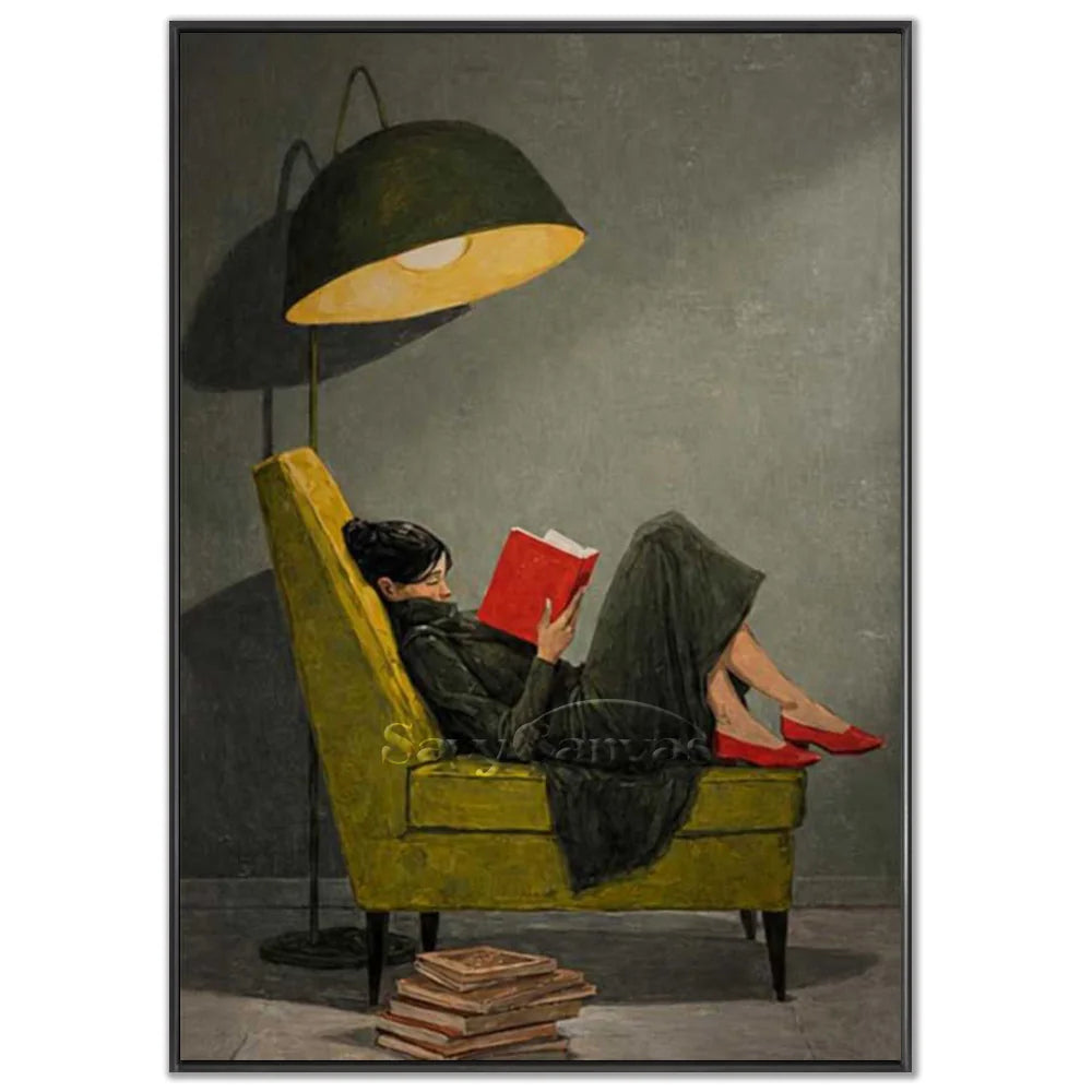 Vintage Reading Woman Oil Painting Retro Canvas Wall Art #AA 548