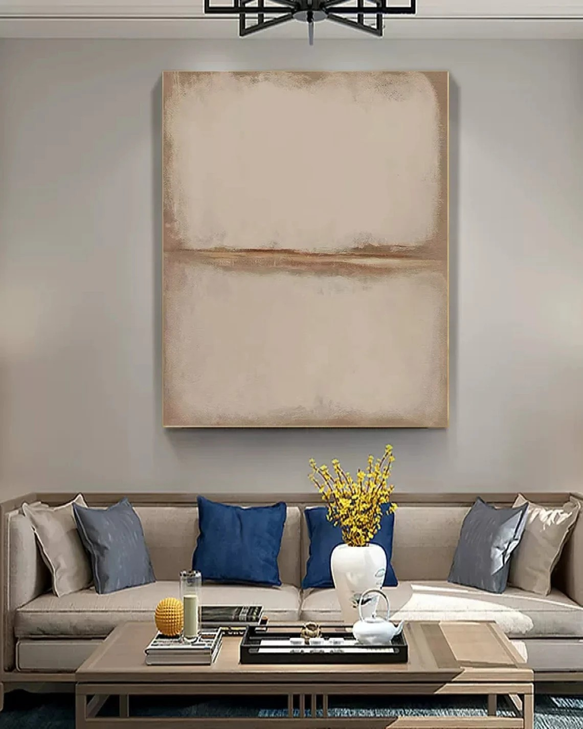 Large Abstract Beige Oil Painting with Horizon Line for Minimalist Decor #TC 019