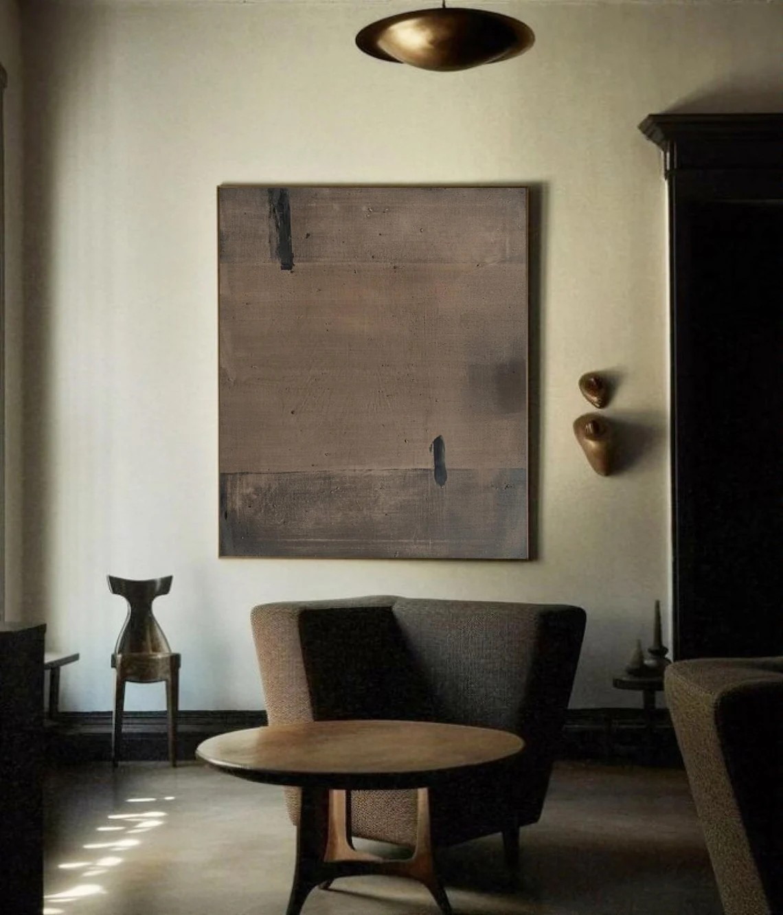 Minimalist Brown Abstract Oil Painting with Black Marks Wall Art#TC 040
