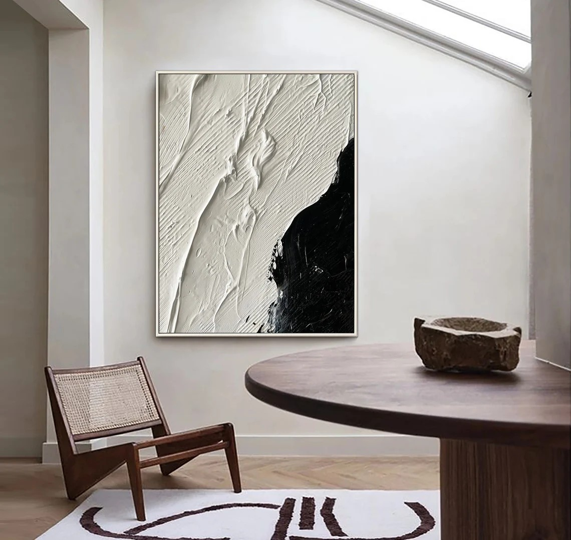 Modern Minimalist Black & White Abstract - Textured Canvas #JJ 025