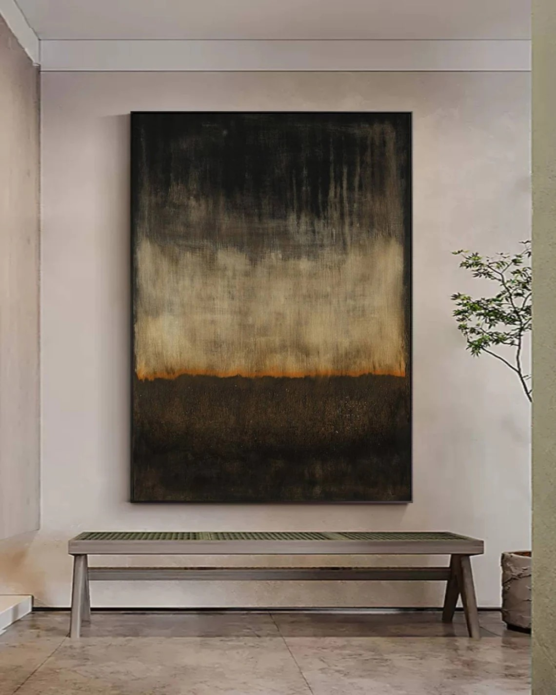 Contemporary Black to Beige Abstract Oil Painting with Orange Horizon Canvas #TC 035