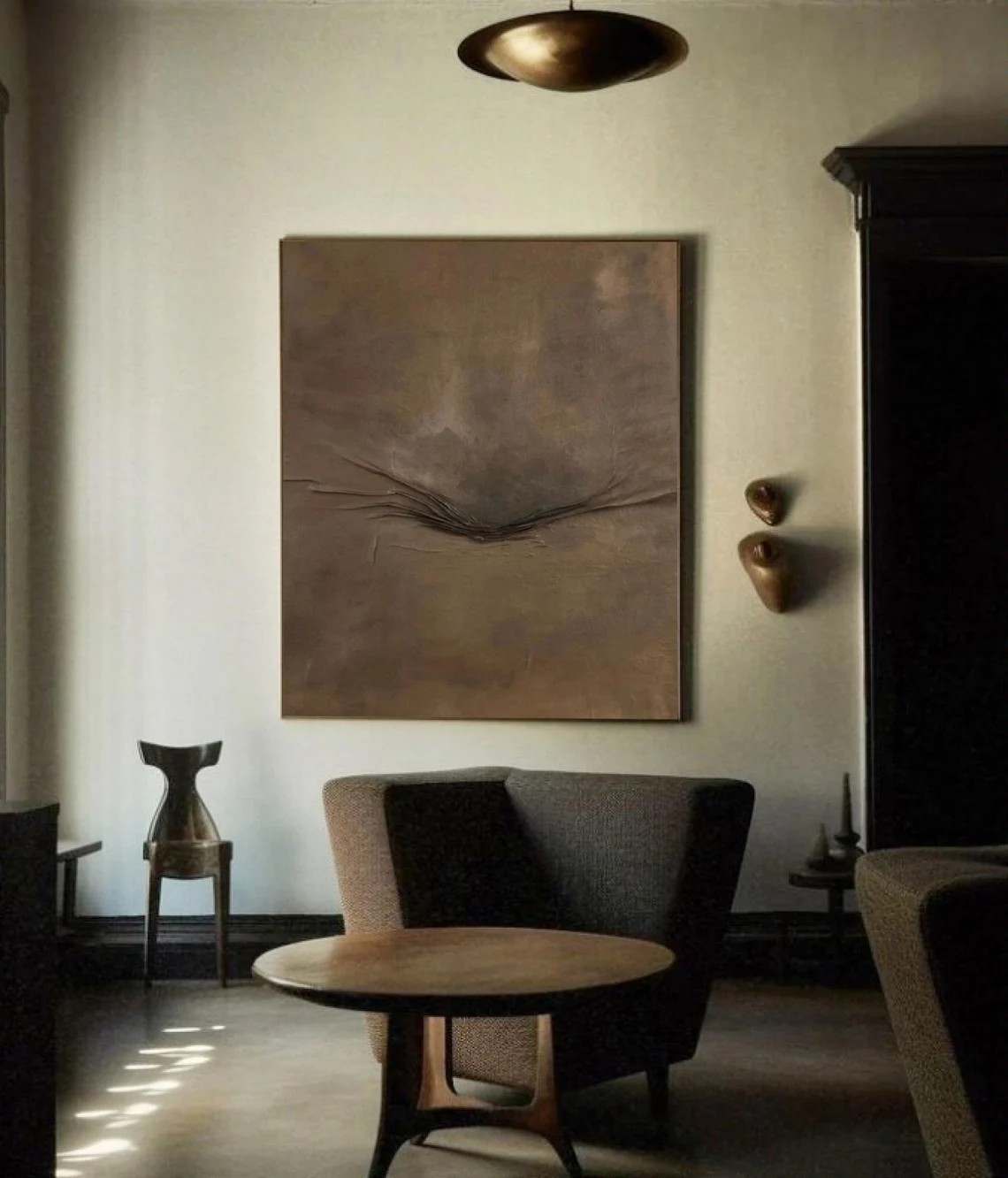 Minimalist Brown Abstract Oil Painting with Textured Center Wall Art #TC 034