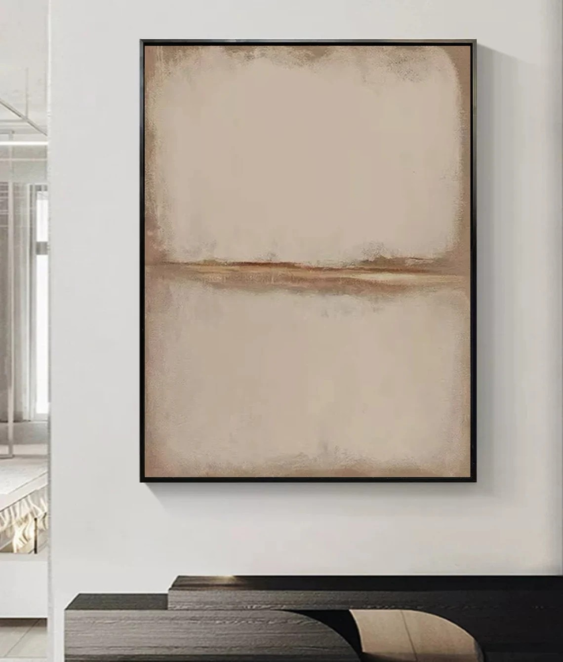 Large Abstract Beige Oil Painting with Horizon Line for Minimalist Decor #TC 019