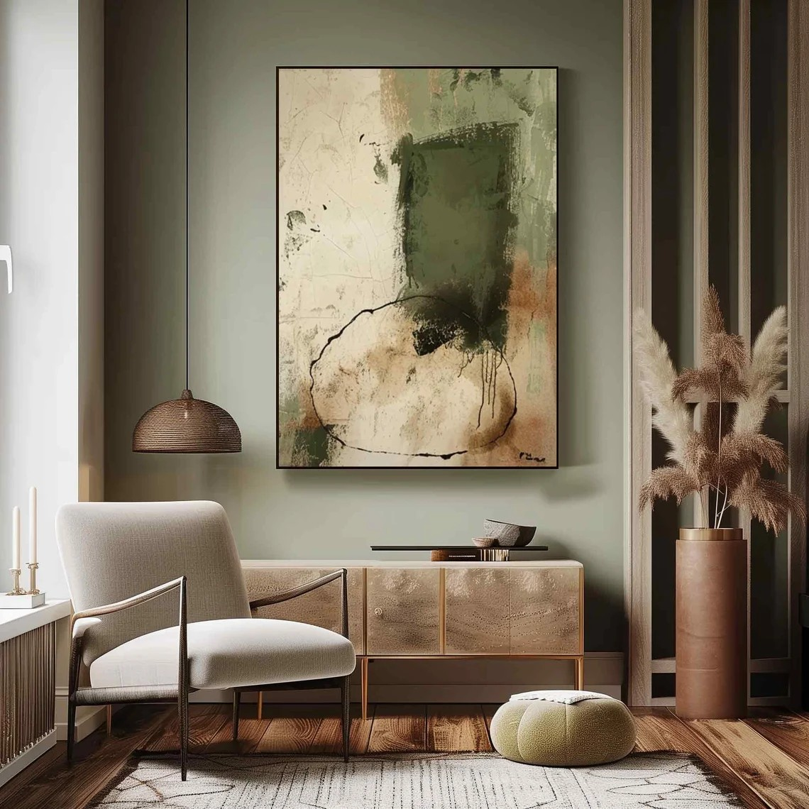 Minimalist Beige and Green Wabi Sabi Art for Contemporary Design #TC 021