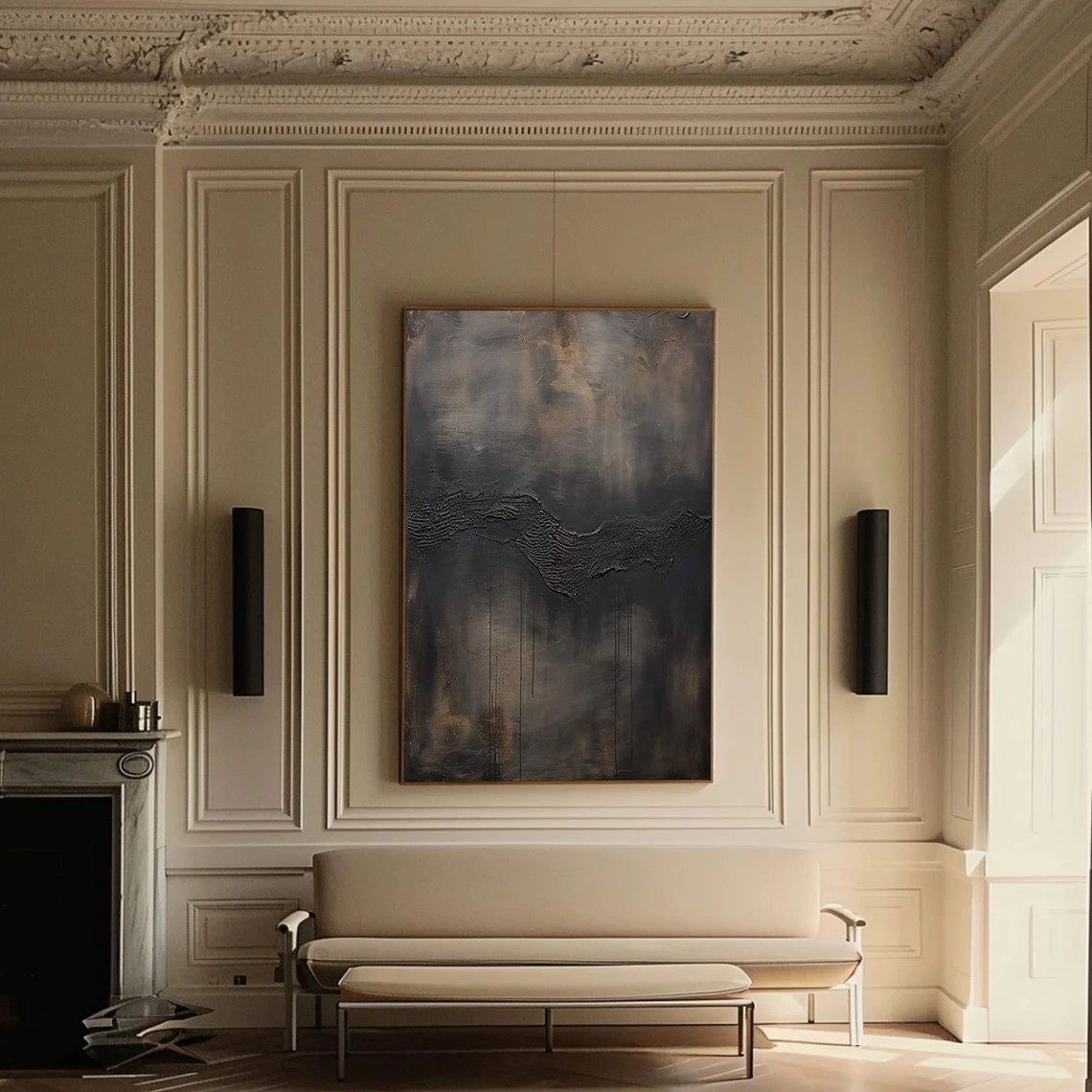 Large Abstract Black and Gray Oil Painting with Textured Flow Design #TC 016