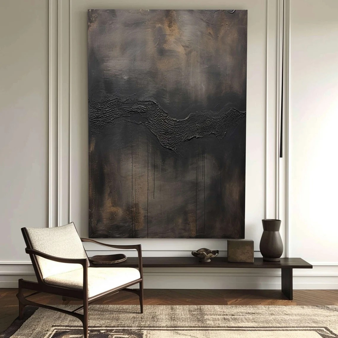 Large Abstract Black and Gray Oil Painting with Textured Flow Design #TC 016