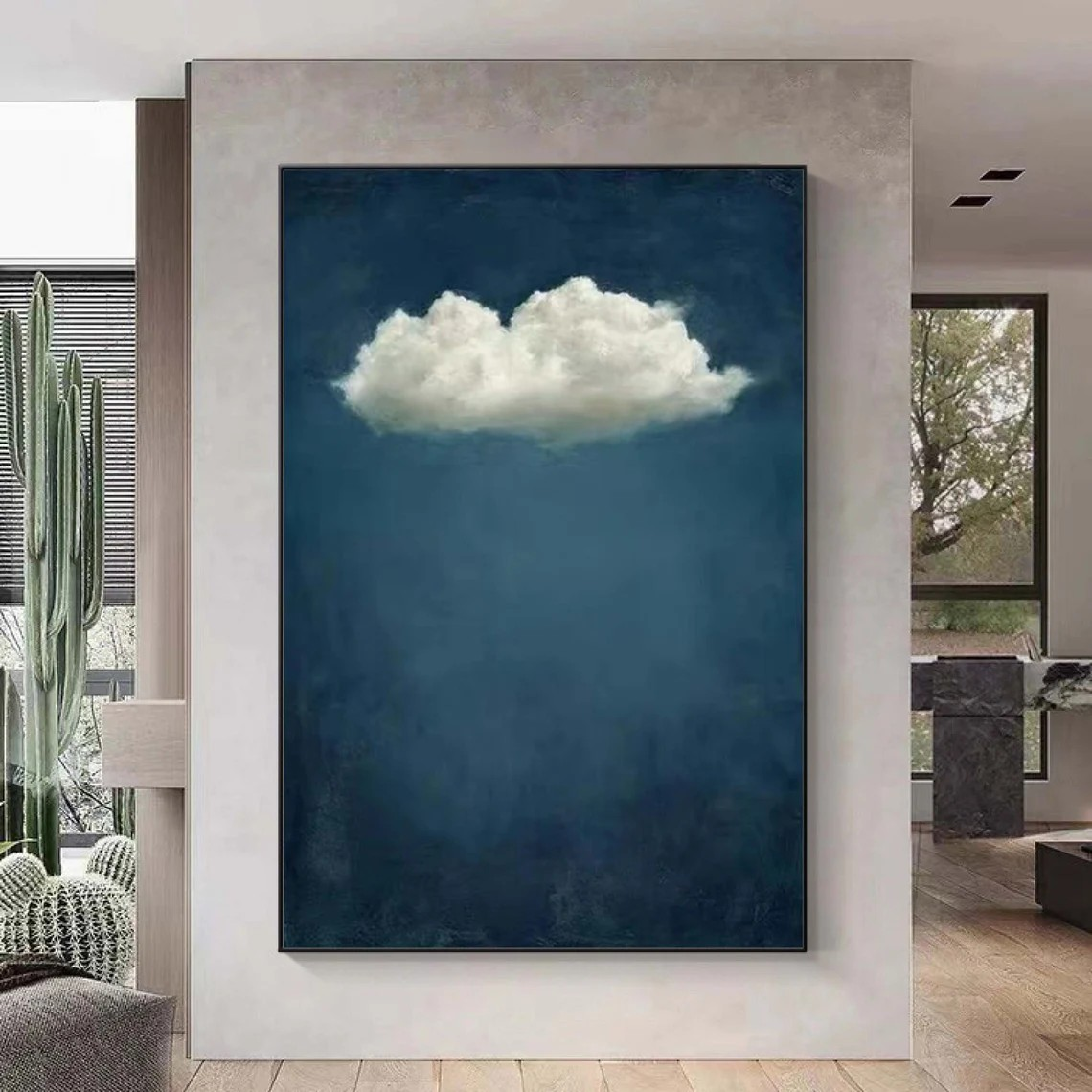 Minimalist Cloud Painting | Handmade Vertical Blue Canvas Art #TC 042