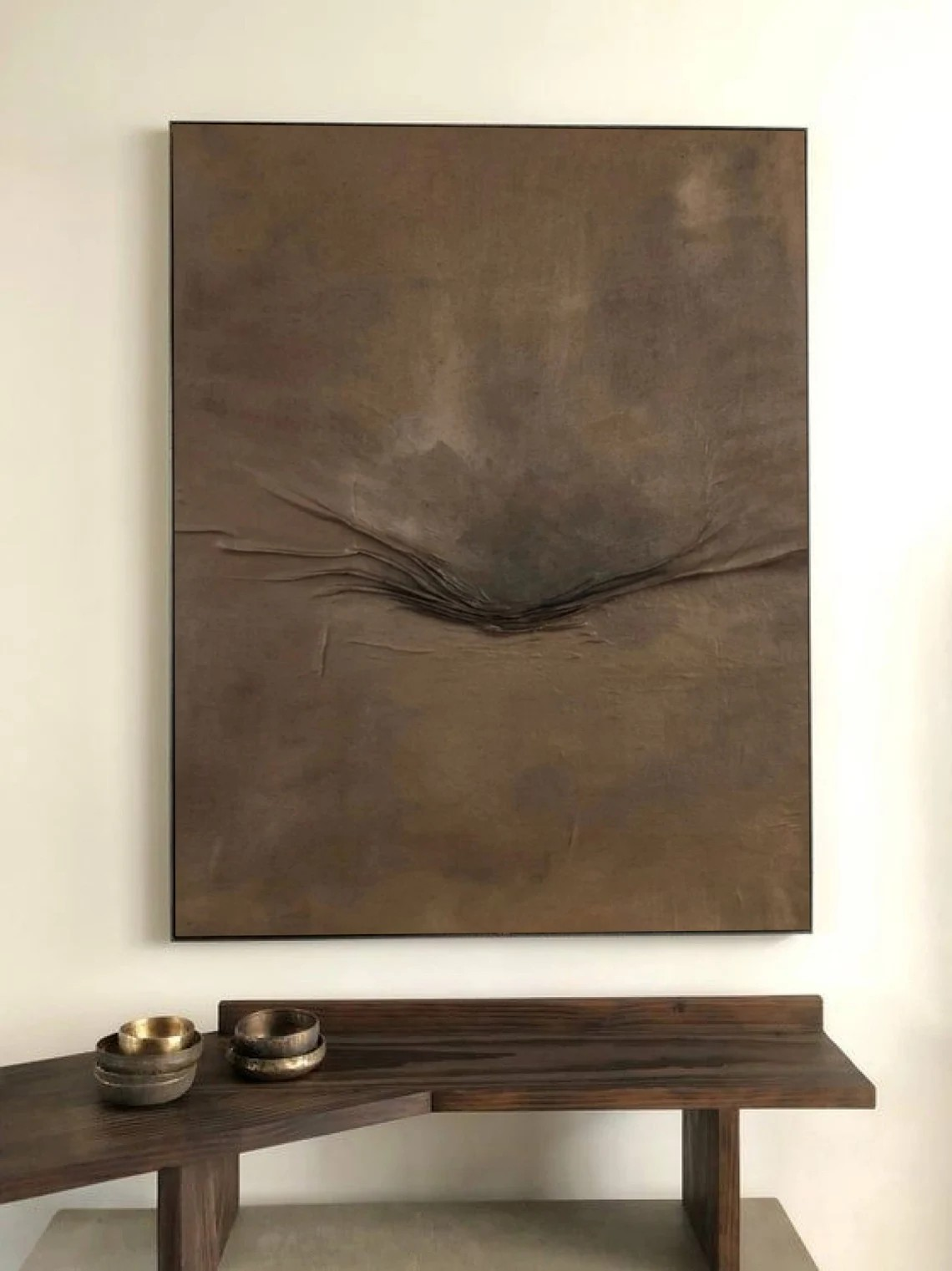 Modern Minimalist Oil Painting Brown Abstract with Textured Center
