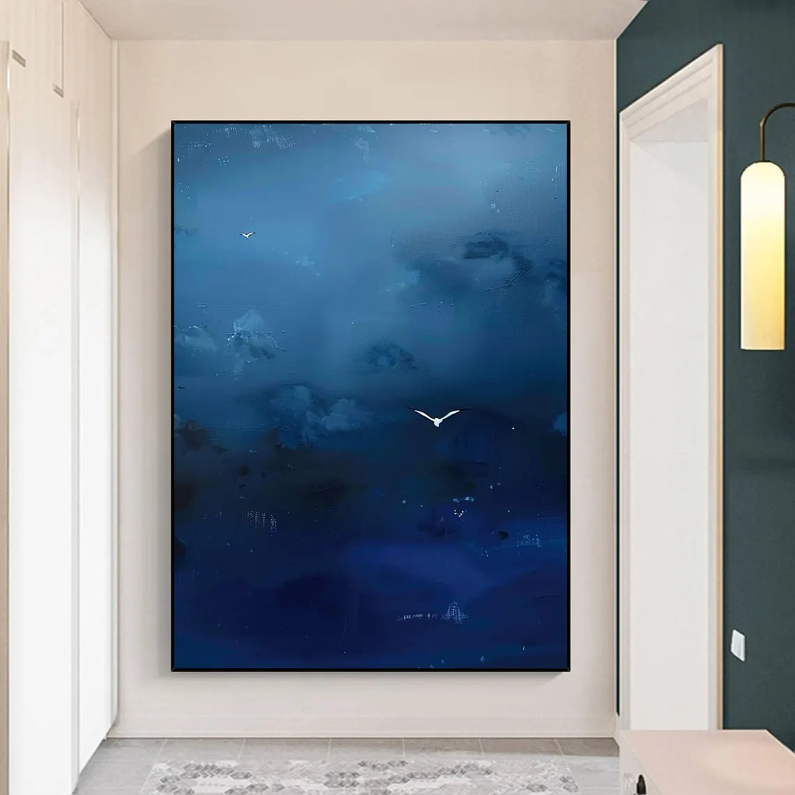Deep Blue Abstract Oil Painting with Flying Birds Wall Art  #TC 028