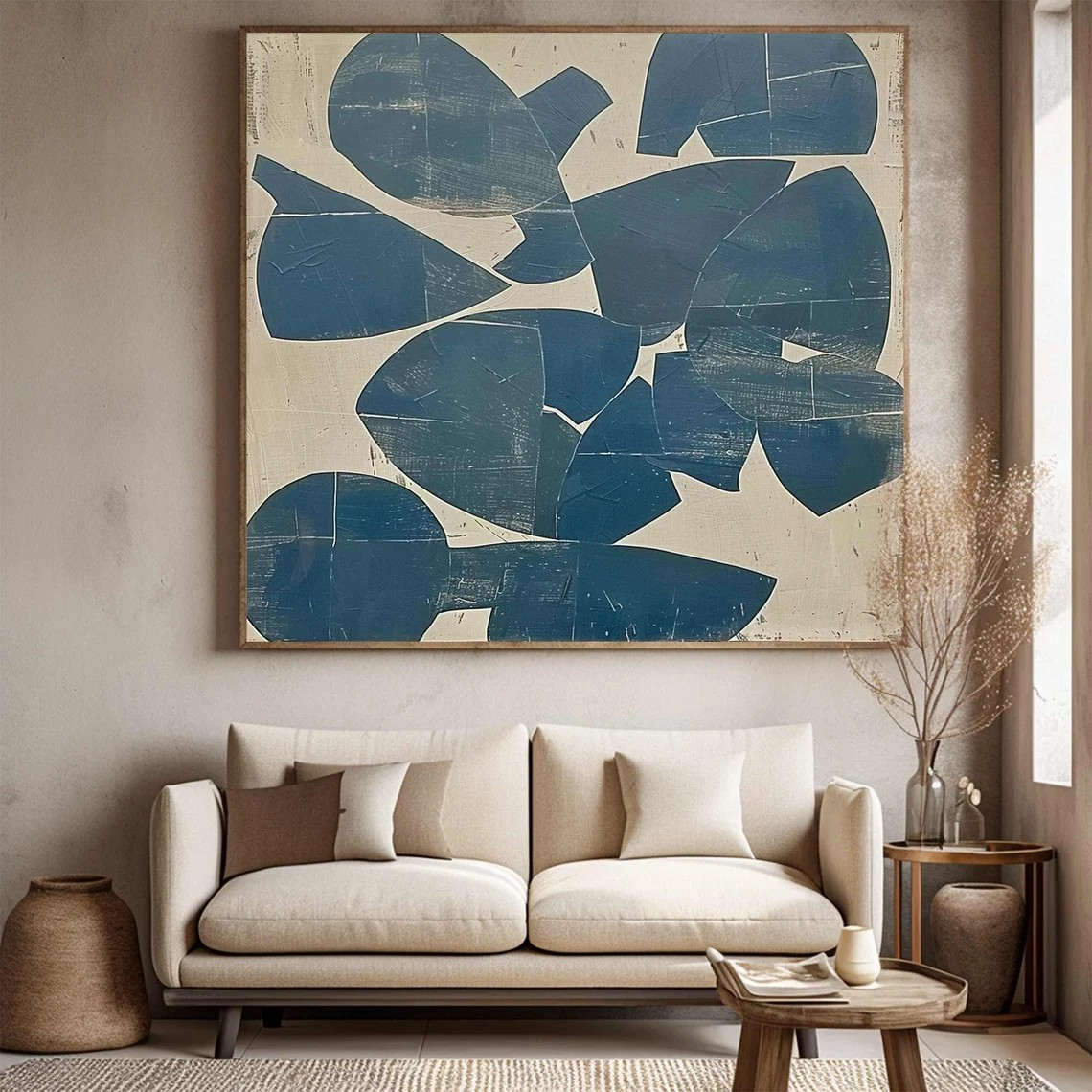 Abstract Blue Forms Oil Painting on Canvas - Modern Textured Wall Art Decor #JJ 002