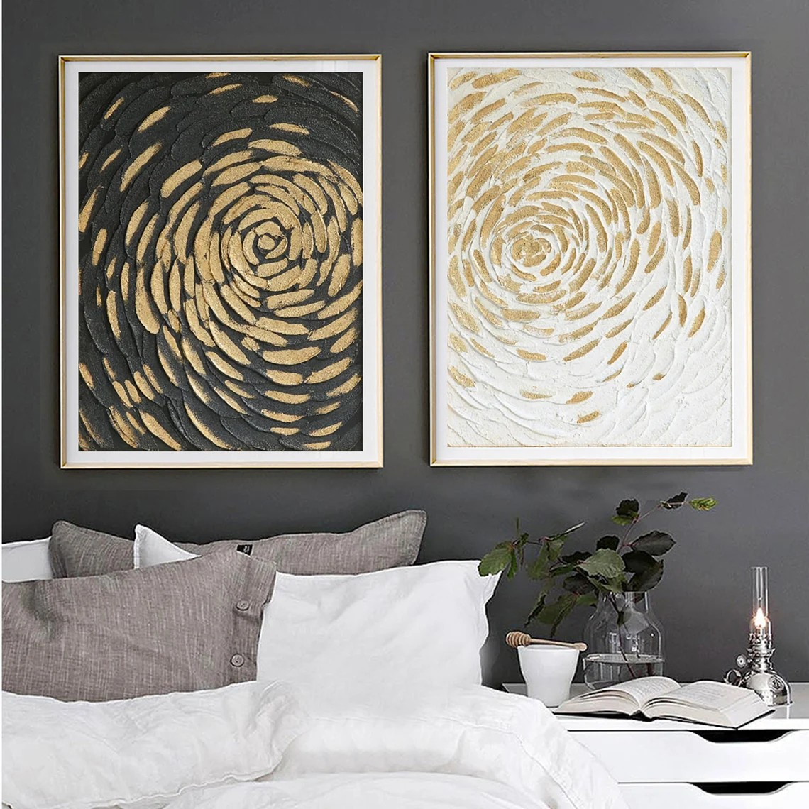 Luxury Gold Swirl Abstract Diptych - Textured Black & White