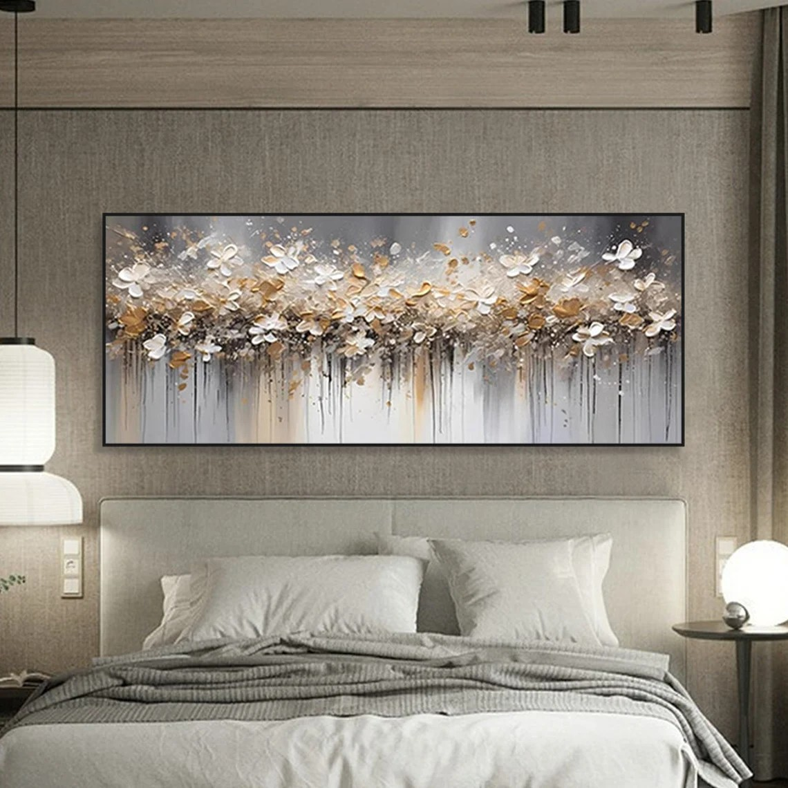 Textured Floral Abstract Oil Art - Gold Beige with Dripping #JJ 021