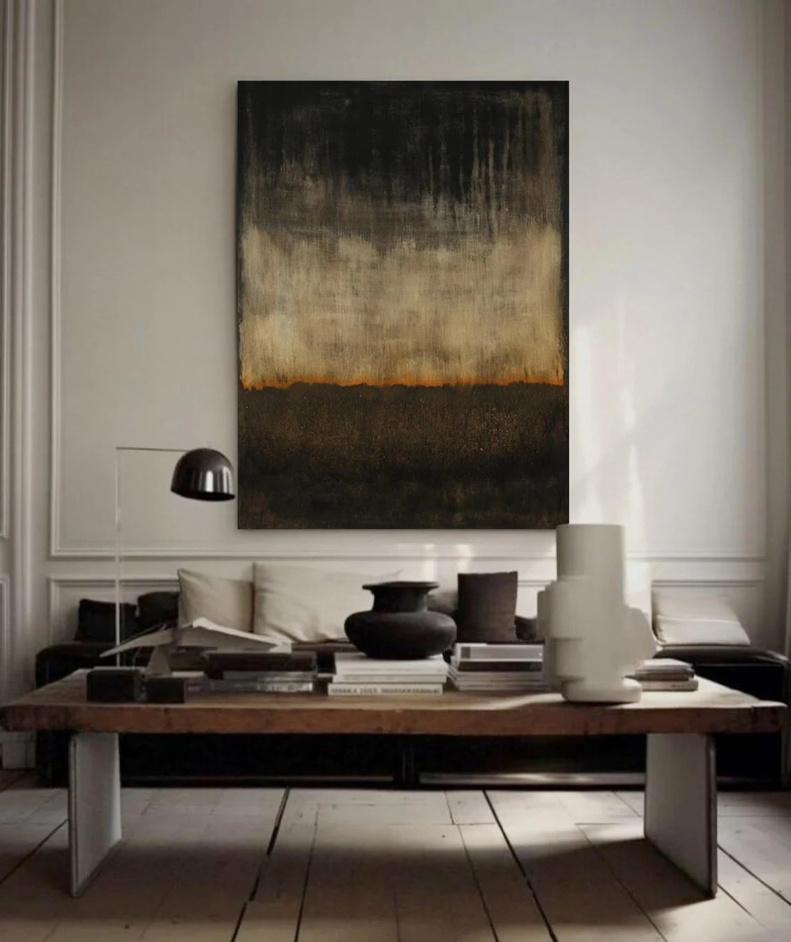 Contemporary Black to Beige Abstract Oil Painting with Orange Horizon Canvas #TC 035