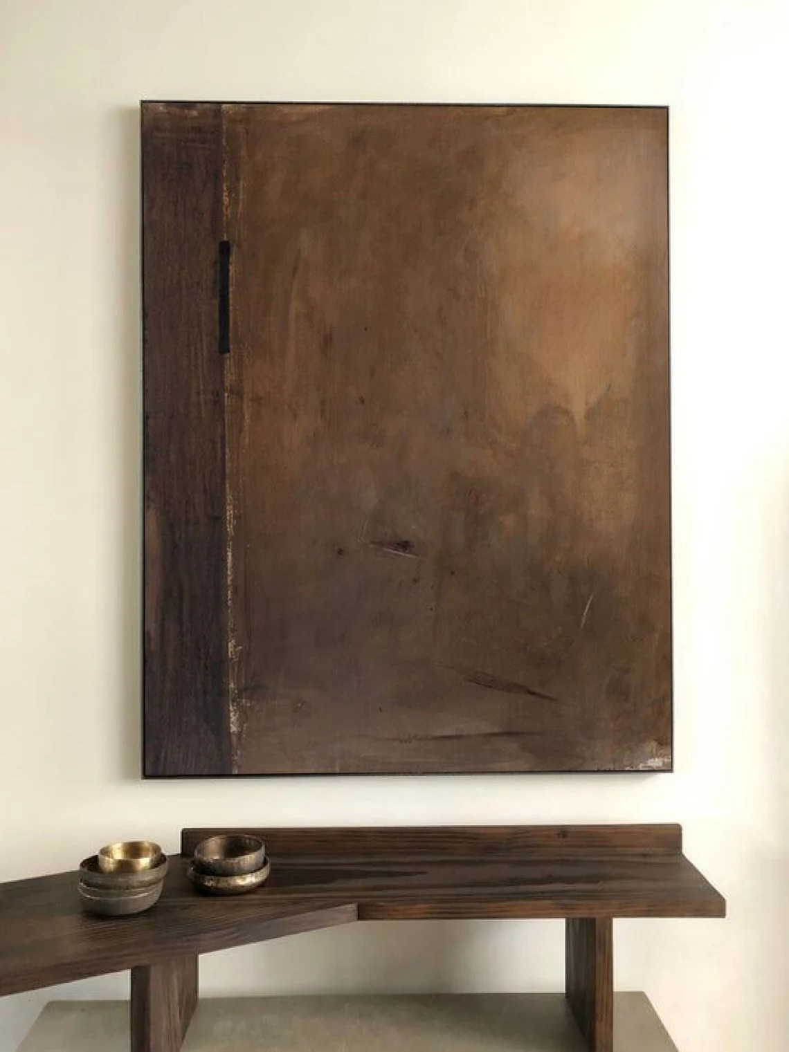 Brown Abstract Oil Painting with Vertical Line for Home Decor