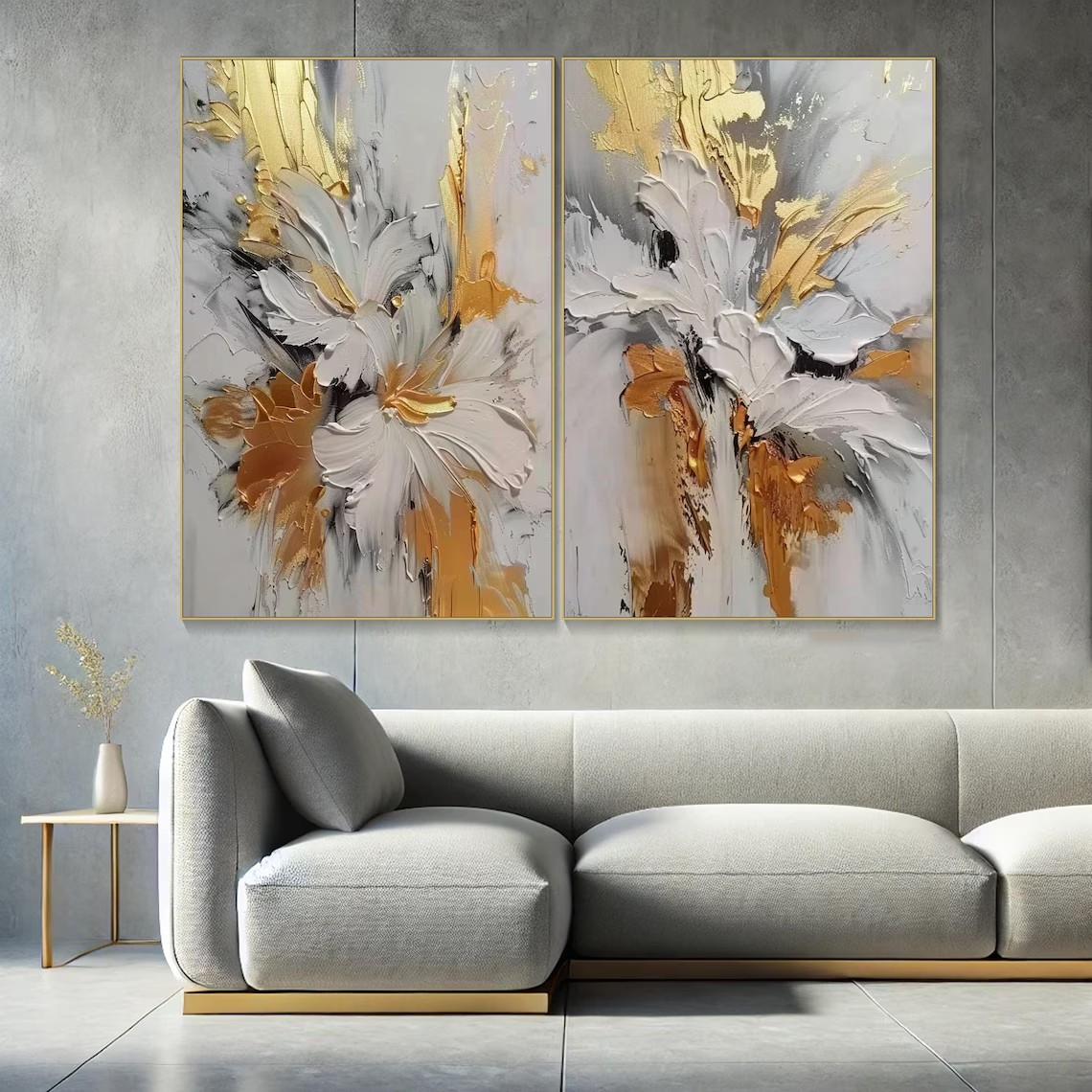 Set of 2 Textured Abstract Paintings |Gold & Grey Art #TC 102