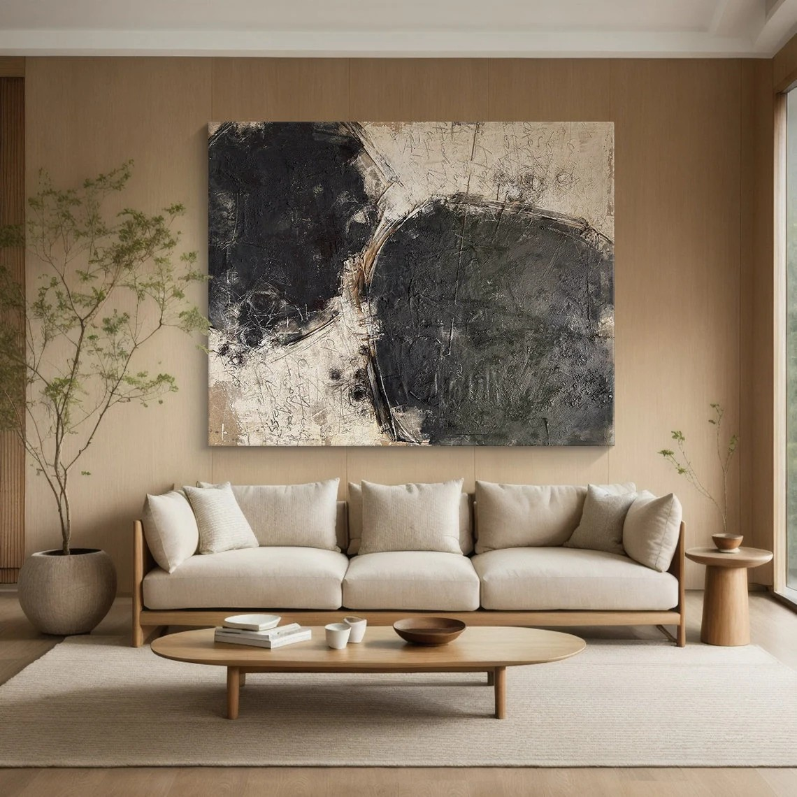 Minimalist Black and Beige Abstract Art | Large Textured Canvas Art #TC 067