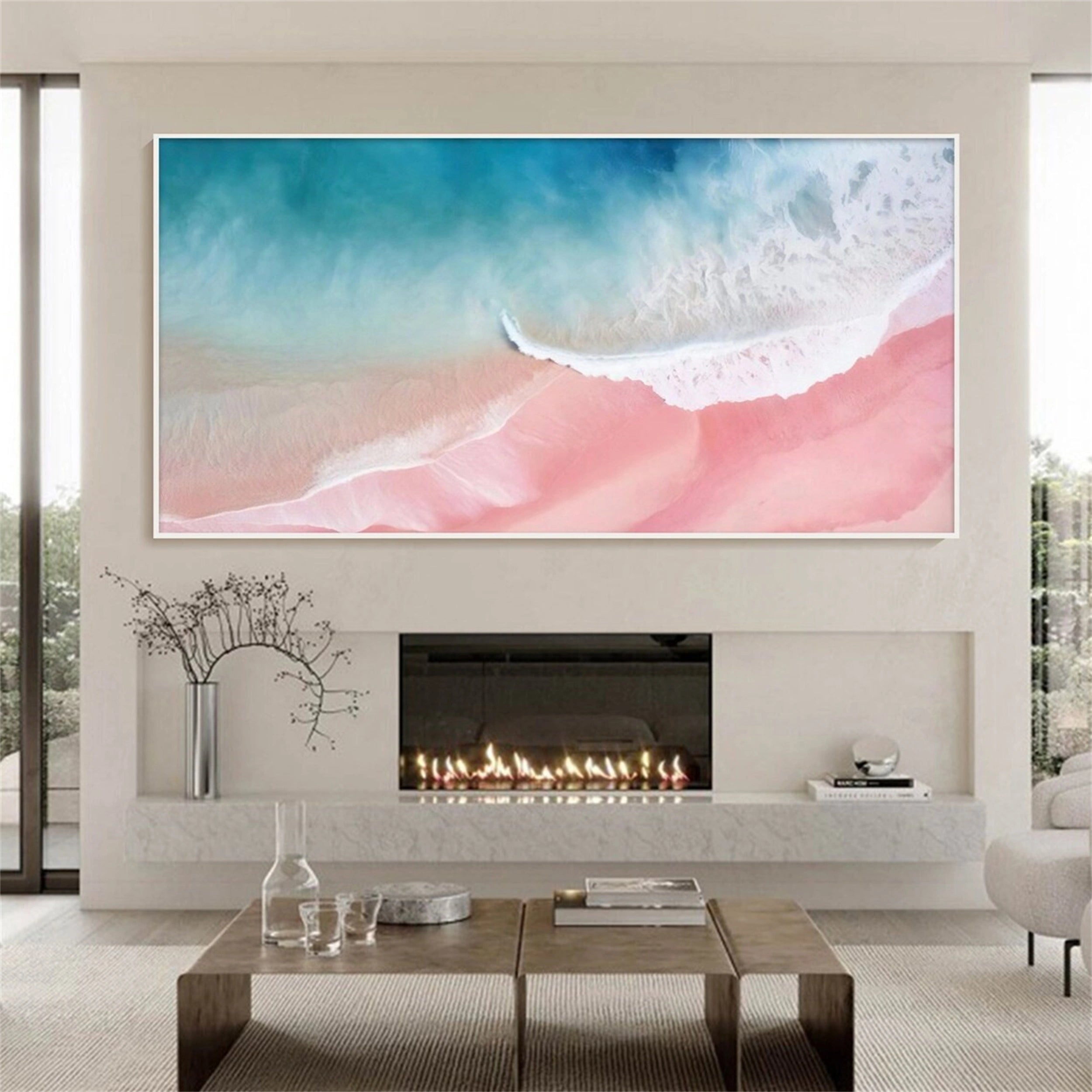 Handmade Pink Teal Beach Aerial Abstract Print