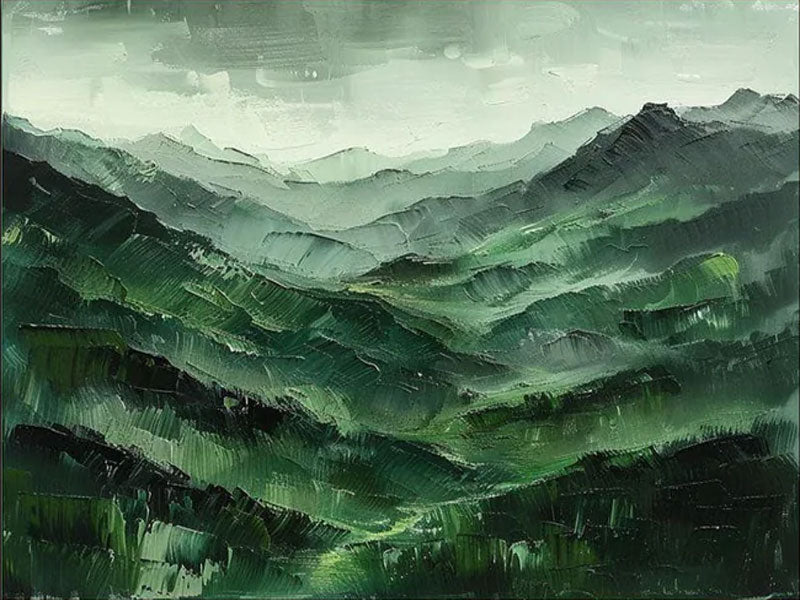 Hand-Painted Green Mountain Landscape | Tranquil Wall Art #TC 004
