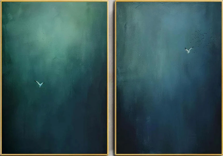 Large Abstract Oil Painting Diptych  Hand-Painted Blue Green Sky/Ocean Art | # TC 010