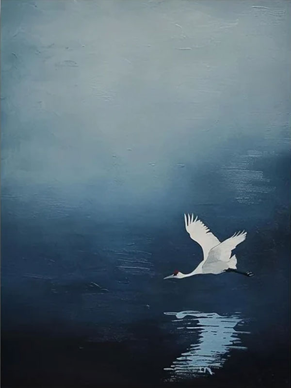 Handmade Blue Abstract Oil Painting with Crane Modern Decor  #TC 030