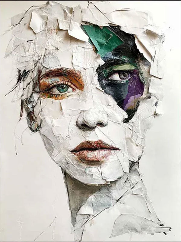 Modern Abstract Portrait Art, White Gray Green Purple #TB 062