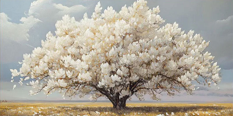 Modern White Blossom Tree Painting, Serene Countryside #TB 079