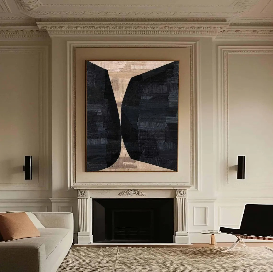 Large Vertical Modern Geometric Art - Black & Beige Contrast  #TC 049