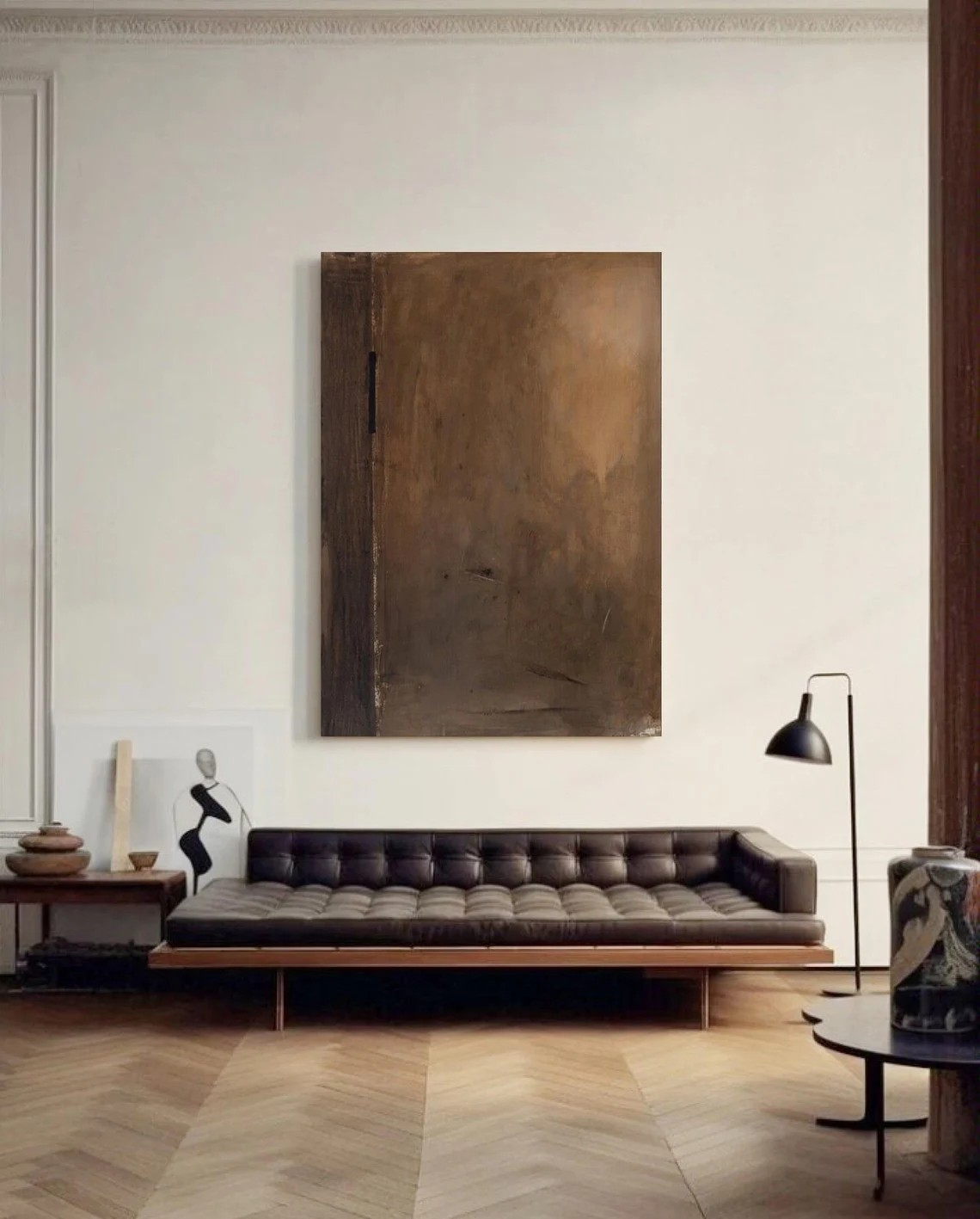 Minimalist Brown Abstract Oil Painting with Vertical Black Line Wall Art #TC 039