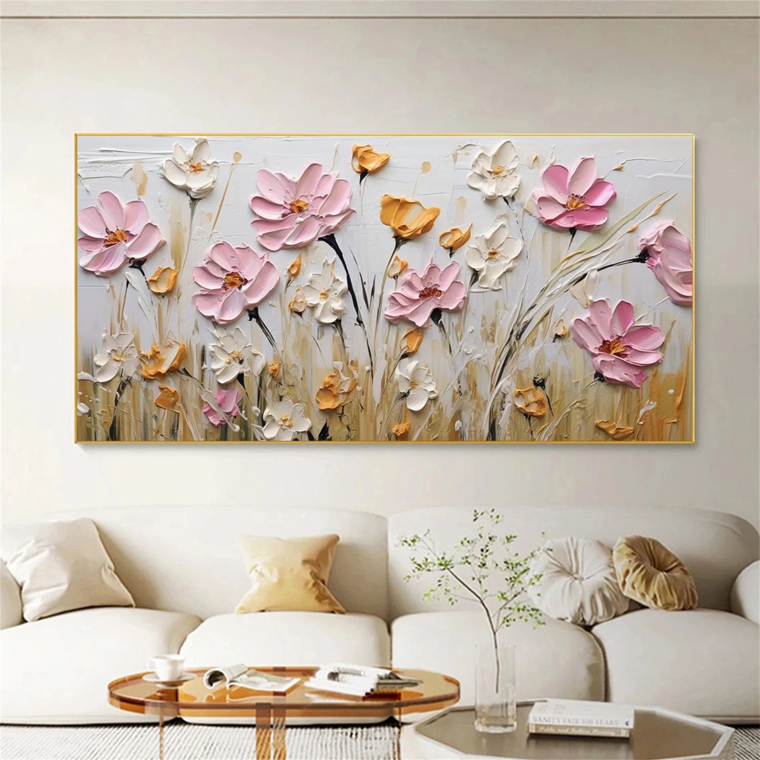 Modern Textured Meadow Art | Pink & White Flower Painting #JJ 304