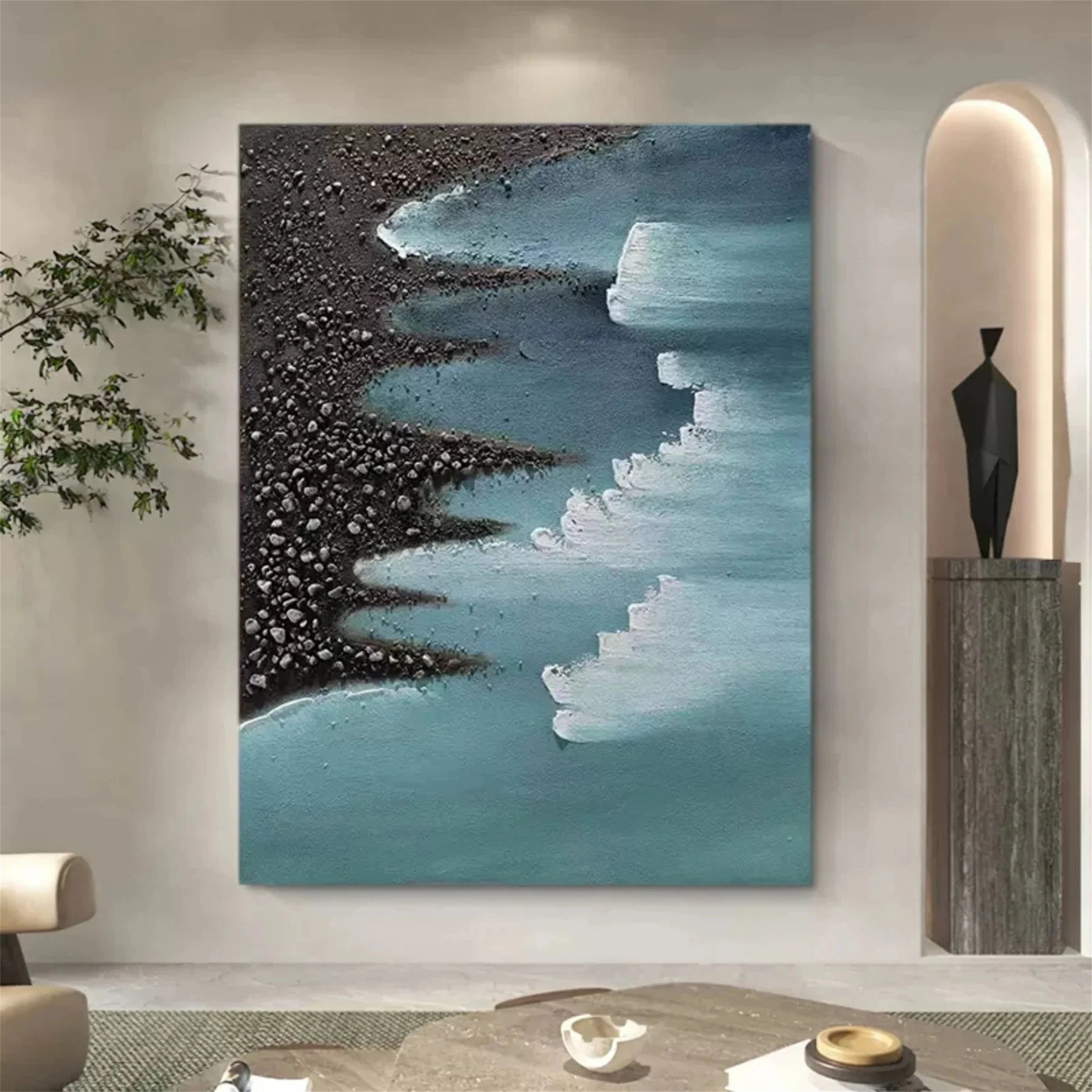 Grey Blue White Textured Coast Abstract Oil Painting - Modern Art