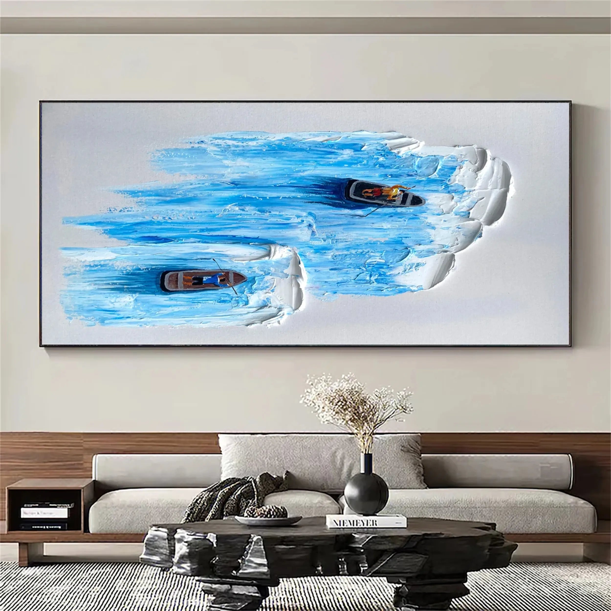  Blue White Textured Rowing Abstract Oil Painting - Modern Water Art