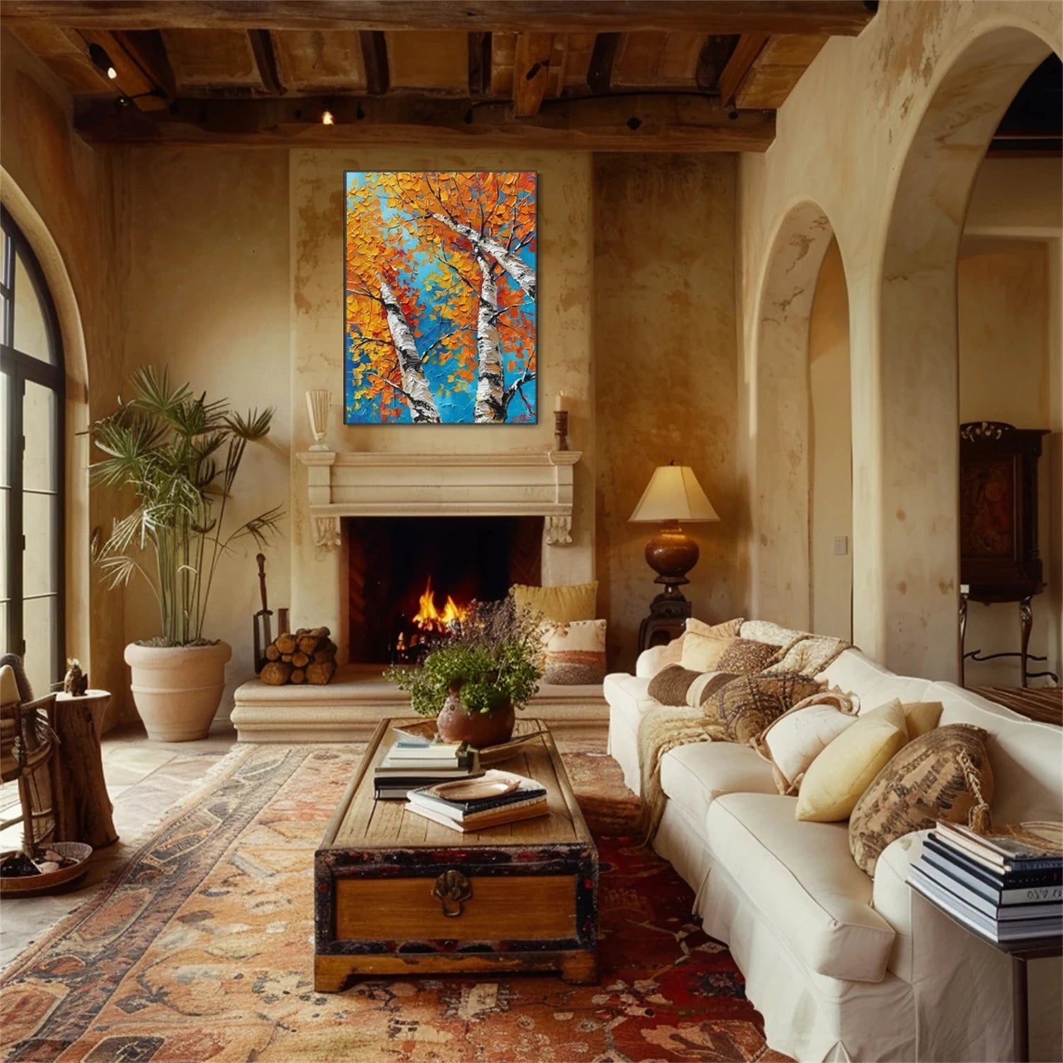 Autumn Birches Hand-Painted Oil Painting | Textured Orange Leaves Art