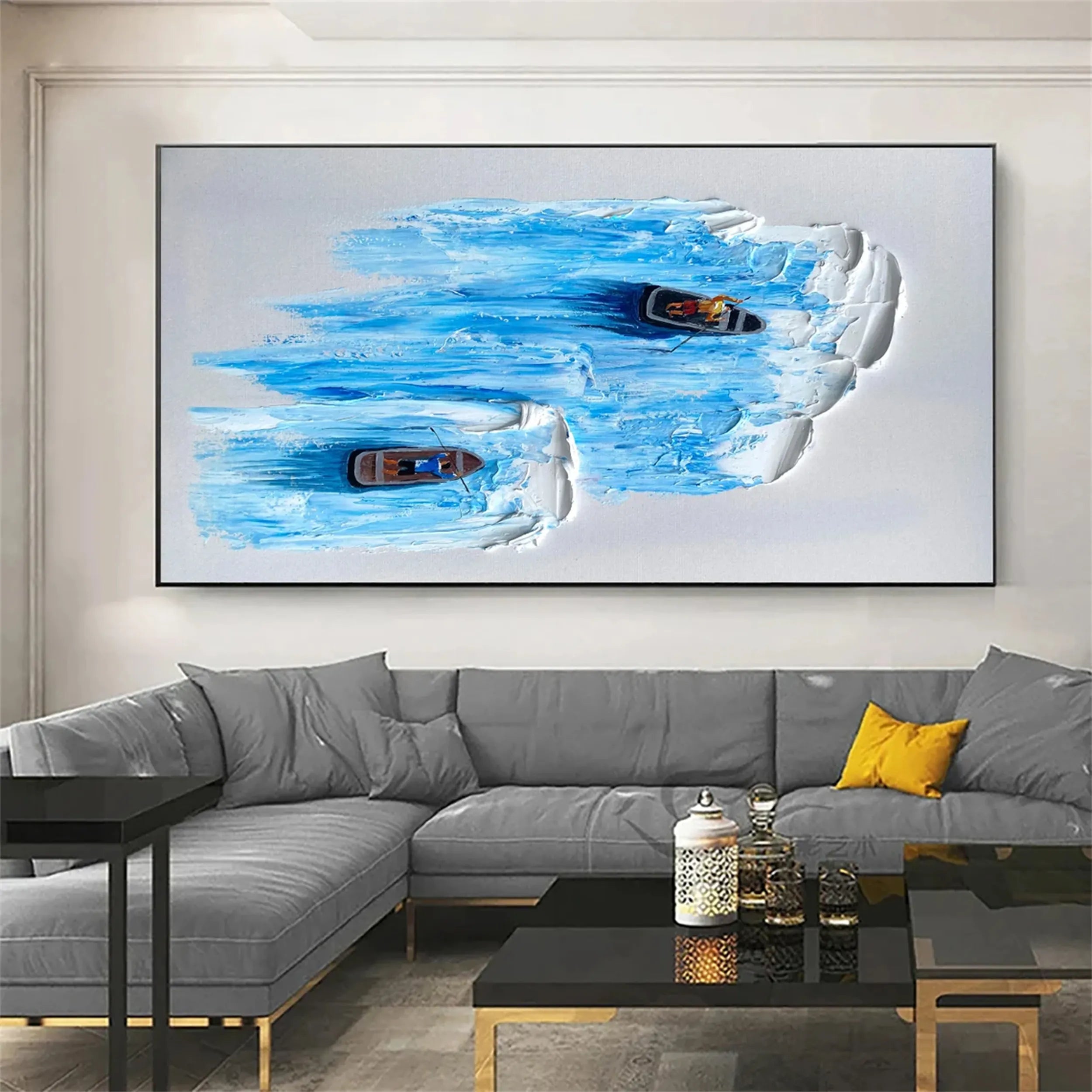 3D Textured Wall Art | Large Blue Ocean Boat Painting Canvas Decor #JJ